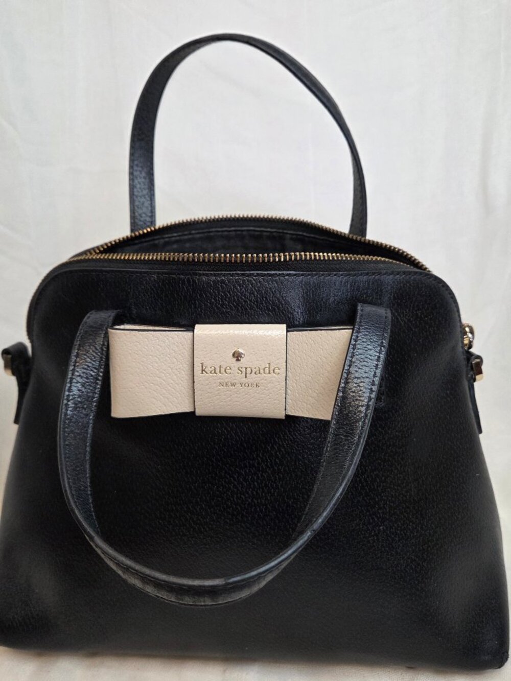 KATE SPADE Blk Leather Laurel Way Evie Satchel Bag Beige Bow Crossbody WKRU4027
